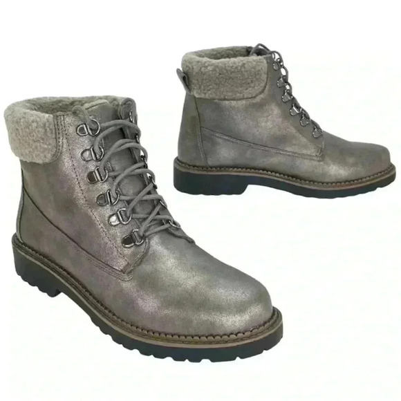 Size 8 - Esprit Candis Grey Faux Leather Faux Fur Trim Womens Ankle Boots - Picture 1 of 16